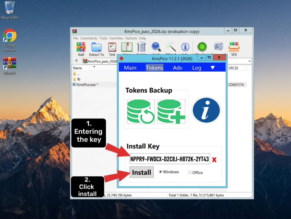 KMSPico Install Key field with a product key entered and the Install button, marked by red arrows for activation
