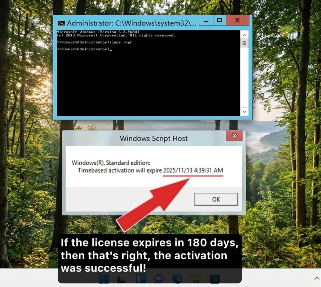 Windows Script Host dialog confirming activation with a 180-day expiration date via slmgr /xpr command