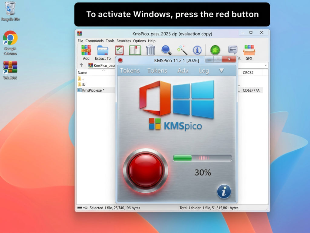 KMSPico 11.2.1 activating Windows - red button pressed, progress bar at 30%