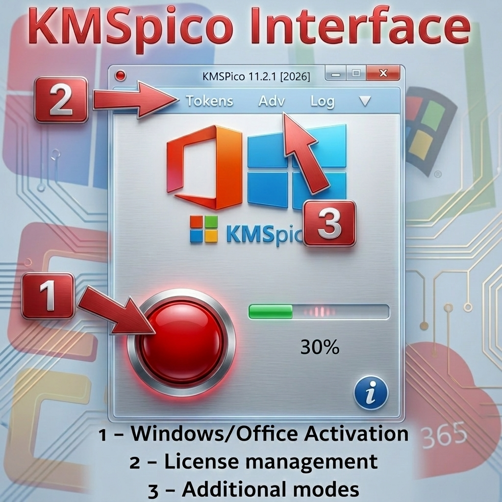 KMSPico 11.2.1 interface: Windows and Office activation button, license management