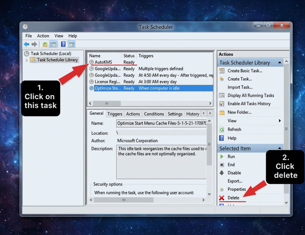 Windows Task Scheduler with the AutoKMS task selected and red arrows pointing to the task and the Delete button for removal