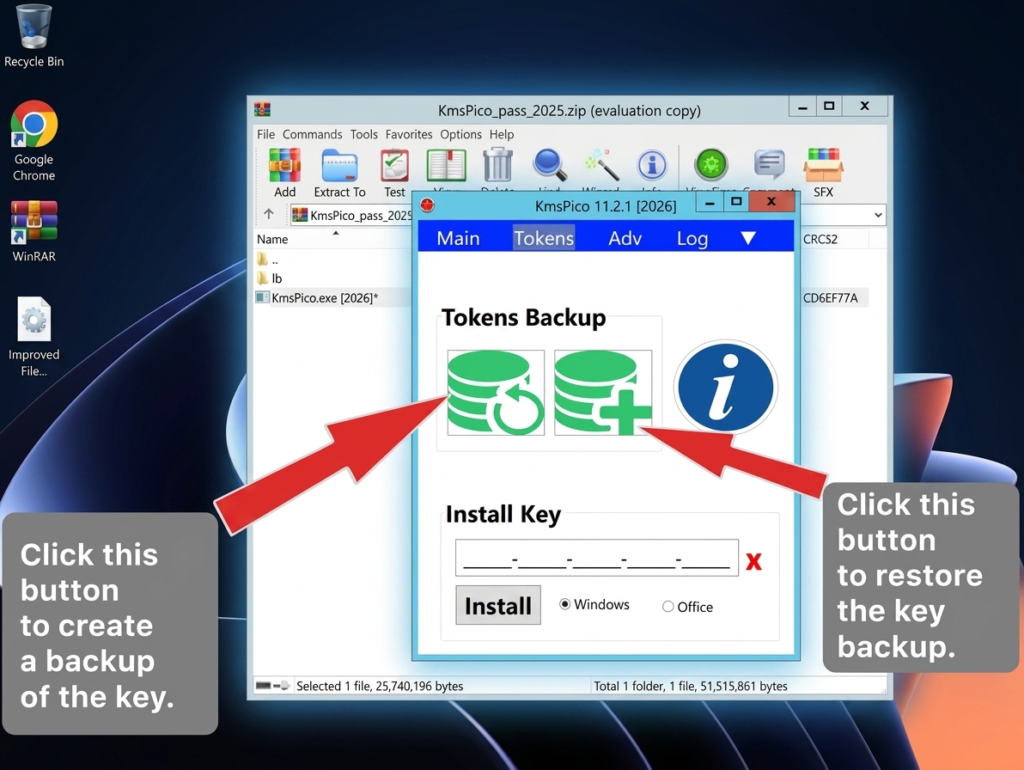 KMSPico Tokens Backup tab with green buttons to create and restore the activation key, marked by red arrows